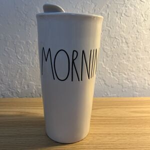 Rae Dunn Tall Travel Coffee Cup "Mornin' "  Ceramic Tumbler Sealing Lid